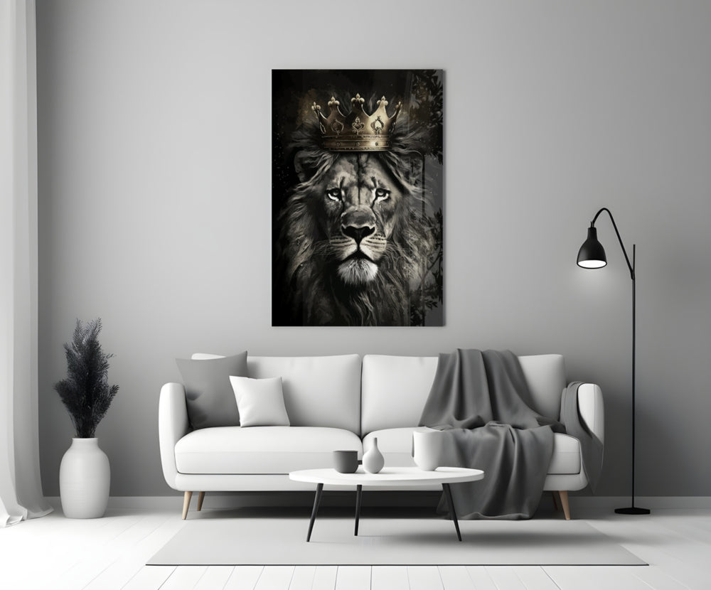 Crowned-lion cinematic glass wall art in heritage hallway