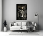 Crowned-lion cinematic glass wall art in heritage hallway