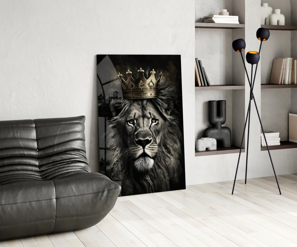 Gold-crown lion cinematic glass wall art over master-bedroom headboard