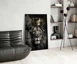 Gold-crown lion cinematic glass wall art over master-bedroom headboard