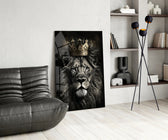 Gold-crown lion cinematic glass wall art over master-bedroom headboard