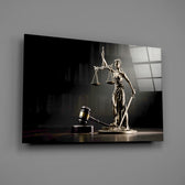 Legal editorial Justitia glass wall art over walnut desk in barrister's study