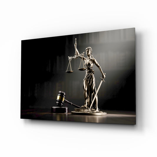 Lady Justice gavel cinematic glass wall art above leather chair in law-firm office