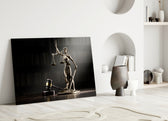 Bronze Justice cinematic glass wall art in gentleman's library