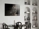 Legal-poster cinematic glass wall art over master-bedroom headboard