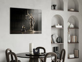 Legal-poster cinematic glass wall art over master-bedroom headboard