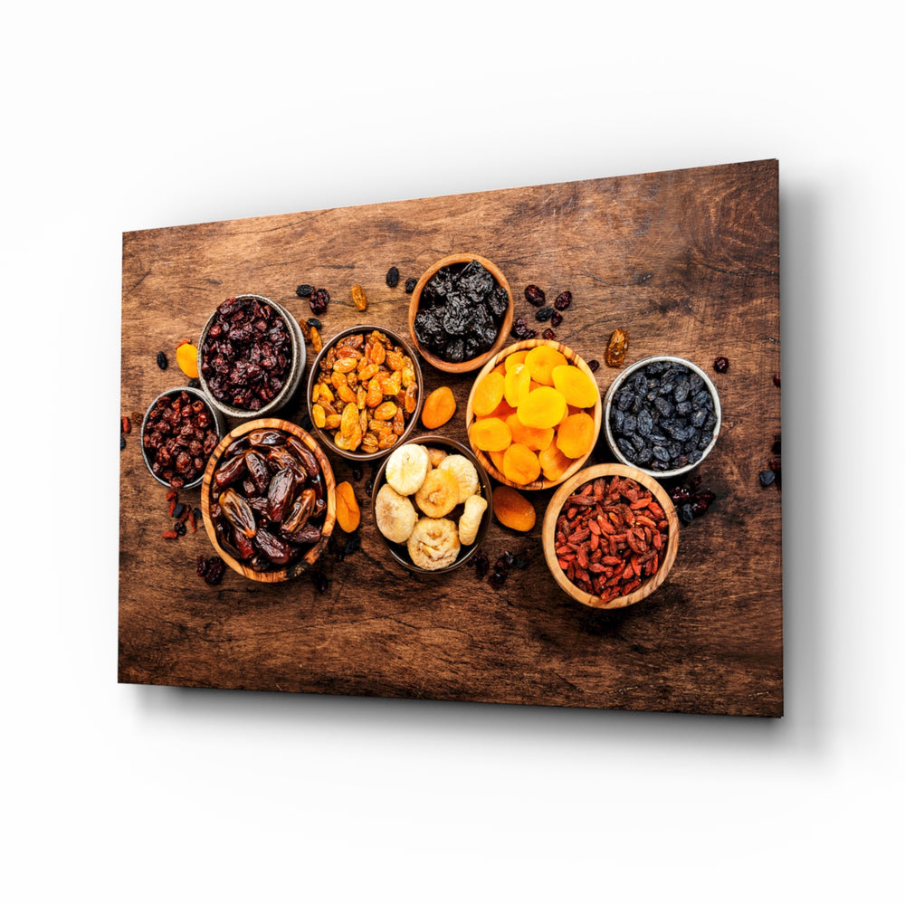 Dried fruit bowls cinematic glass wall art above kitchen island in designer kitchen