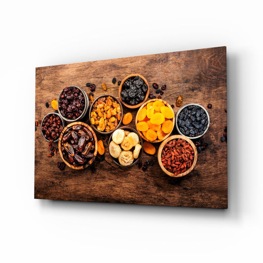 Dried fruit bowls cinematic glass wall art above kitchen island in designer kitchen