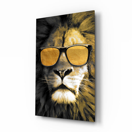 Cool lion sunglasses pop cinematic glass wall art above home bar in man-cave