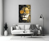 Gold-aviator lion cinematic glass wall art in teen lounge