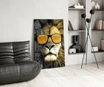 Pop-portrait lion cinematic glass wall art over master-bedroom headboard
