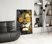 Pop-portrait lion cinematic glass wall art over master-bedroom headboard