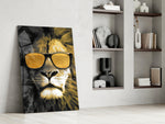 Lion-with-shades cinematic glass wall art in fashion-atelier reception
