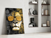 Lion-with-shades cinematic glass wall art in fashion-atelier reception