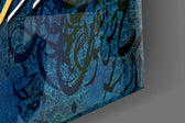 Calligraphy cinematic glass wall art over walnut sideboard in dining room