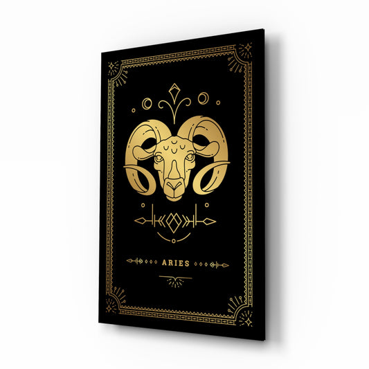 Aries zodiac tarot cinematic glass wall art beside dresser in teen bedroom