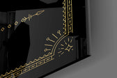 Gold-line zodiac cinematic glass wall art in glamorous powder-room