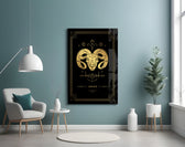 Tarot-card Aries cinematic glass wall art in boutique-hotel suite