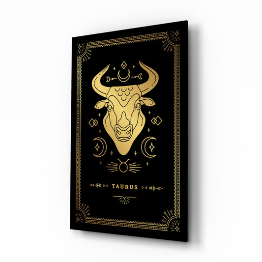 Taurus zodiac tarot cinematic glass wall art beside dresser in teen bedroom
