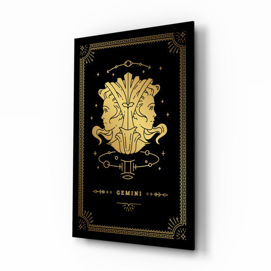 Gemini zodiac tarot cinematic glass wall art beside dresser in teen bedroom
