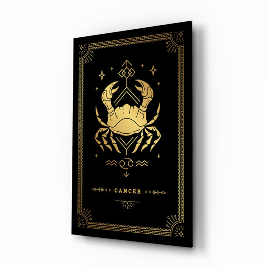 Cancer zodiac tarot cinematic glass wall art beside dresser in teen bedroom