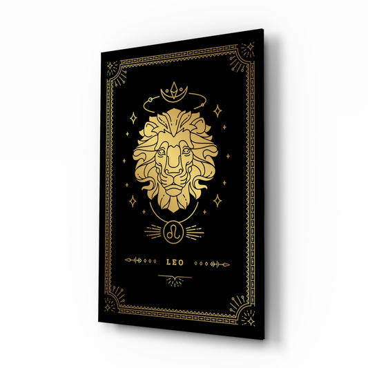 Leo zodiac tarot cinematic glass wall art beside dresser in teen bedroom