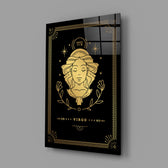 Gold-sigil Virgo glass wall art in designer-luxury entryway