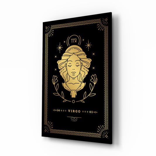 Virgo zodiac tarot cinematic glass wall art beside dresser in teen bedroom