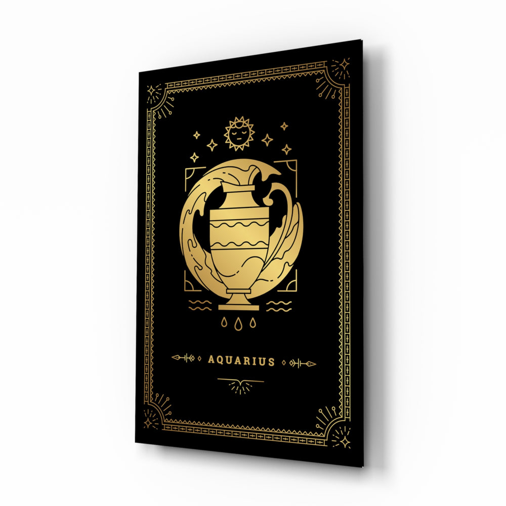 Aquarius zodiac tarot cinematic glass wall art beside dresser in teen bedroom