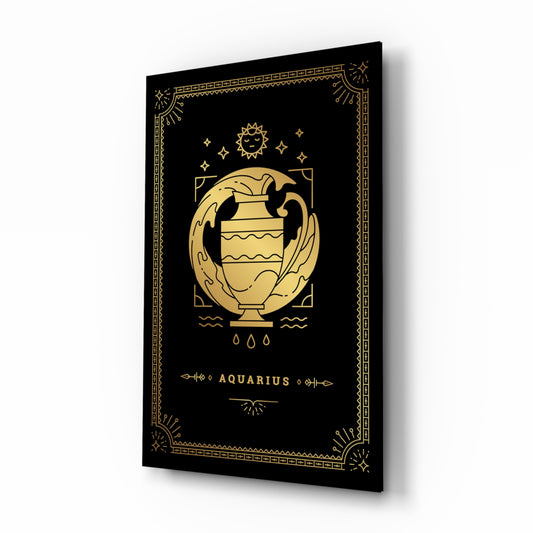 Aquarius zodiac tarot cinematic glass wall art beside dresser in teen bedroom
