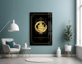 Tarot-card Aquarius cinematic glass wall art in boutique-hotel suite