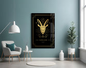 Tarot-card Capricorn cinematic glass wall art in boutique-hotel suite