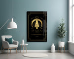 Tarot-card Sagittarius cinematic glass wall art in boutique-hotel suite