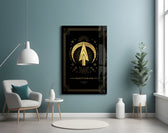 Tarot-card Sagittarius cinematic glass wall art in boutique-hotel suite
