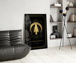 Luxury astrology cinematic glass wall art over walnut console