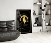 Luxury astrology cinematic glass wall art over walnut console