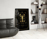 Luxury astrology cinematic glass wall art over walnut console