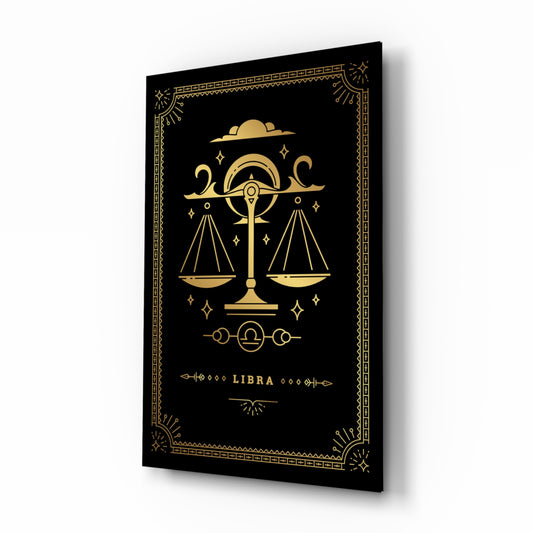 Libra zodiac tarot cinematic glass wall art beside dresser in teen bedroom