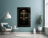 Tarot-card Libra cinematic glass wall art in boutique-hotel suite