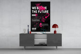 Future-poster cinematic glass wall art in fashion-atelier reception