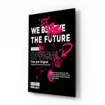 We Are The Future streetwear cinematic glass wall art beside dresser in teen bedroom