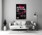 Off-White-style streetwear cinematic glass wall art in shop reception