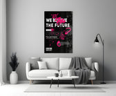 Off-White-style streetwear cinematic glass wall art in shop reception