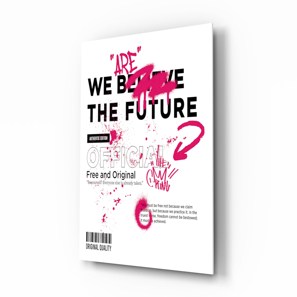 We Are The Future streetwear ivory cinematic glass wall art beside dresser in teen bedroom