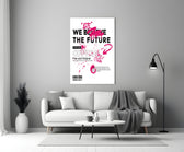 Off-White-style streetwear cinematic glass wall art in shop reception