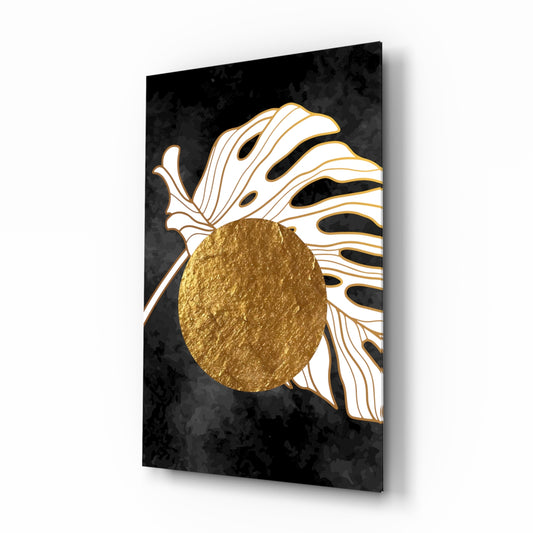 Gold moon monstera boho-luxe cinematic glass wall art over walnut console in designer bedroom