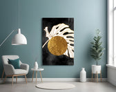 Modernist monstera cinematic glass wall art in glamorous powder-room