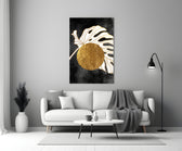 Boho-luxe gold disc cinematic glass wall art in boutique-hotel suite