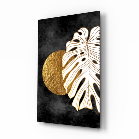 Gold moon monstera mirror cinematic glass wall art over walnut console in designer bedroom