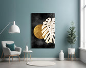Modernist monstera mirror cinematic glass wall art in glamorous powder-room